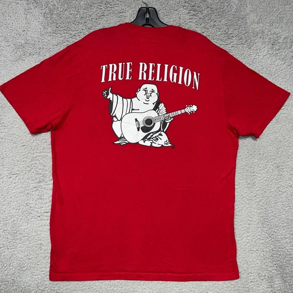 True Religion Buddha Guitar T Shirt Men's Sz 2XL XXL Red Spell Out 2‎ Sided Tee